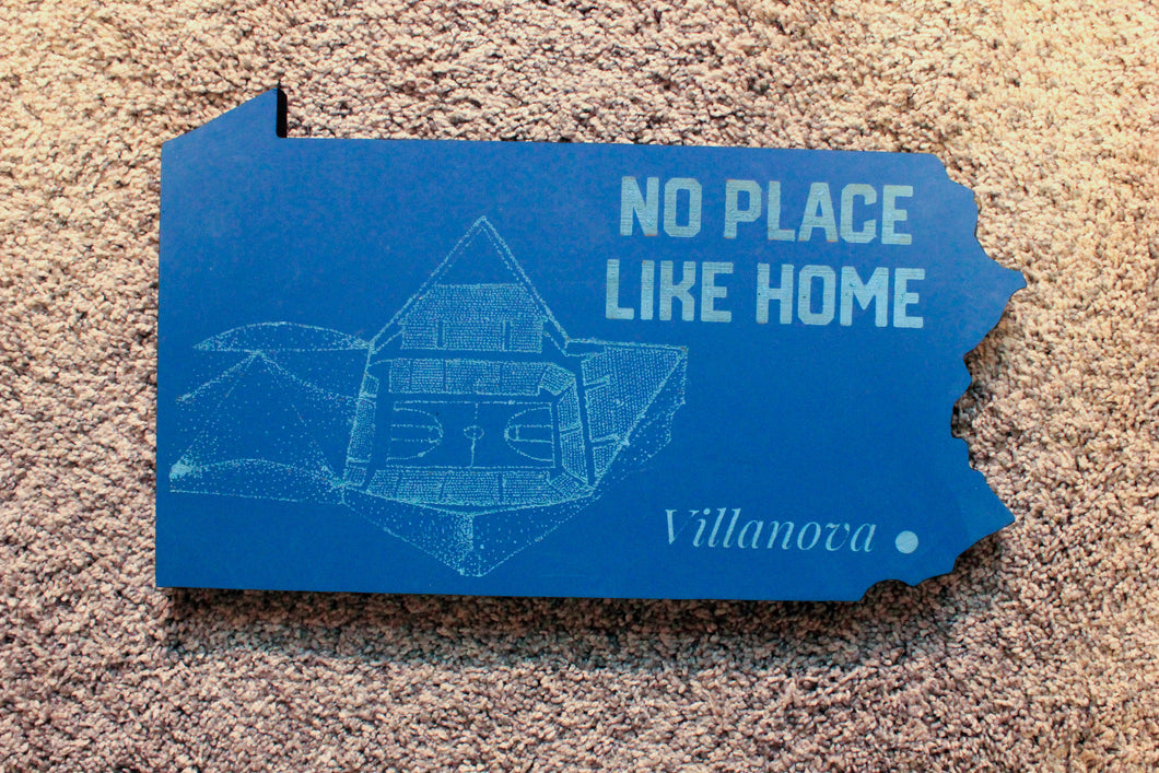 State of Pennsylvania Wooden Cut Out Featuring Finneran Pavilion, home of the Villanova Wildcats Faurot Field, home of the Missouri Tigers