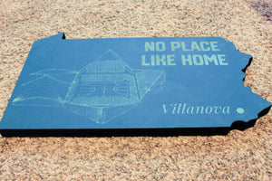 State of Pennsylvania Wooden Cut Out Featuring Finneran Pavilion, home of the Villanova Wildcats Faurot Field, home of the Missouri Tigers