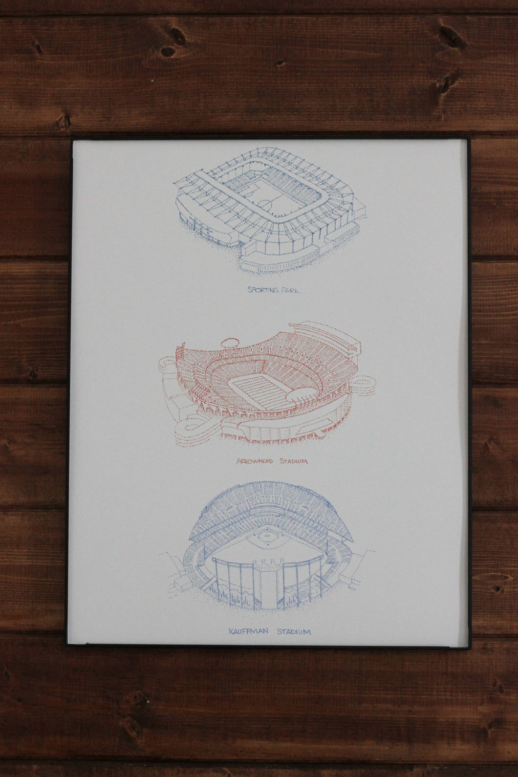 3 in 1: Kauffman Stadium, Arrowhead Stadium, Childrens Mercy Park - Kansas City Sports Stadiums Stipple Art Print
